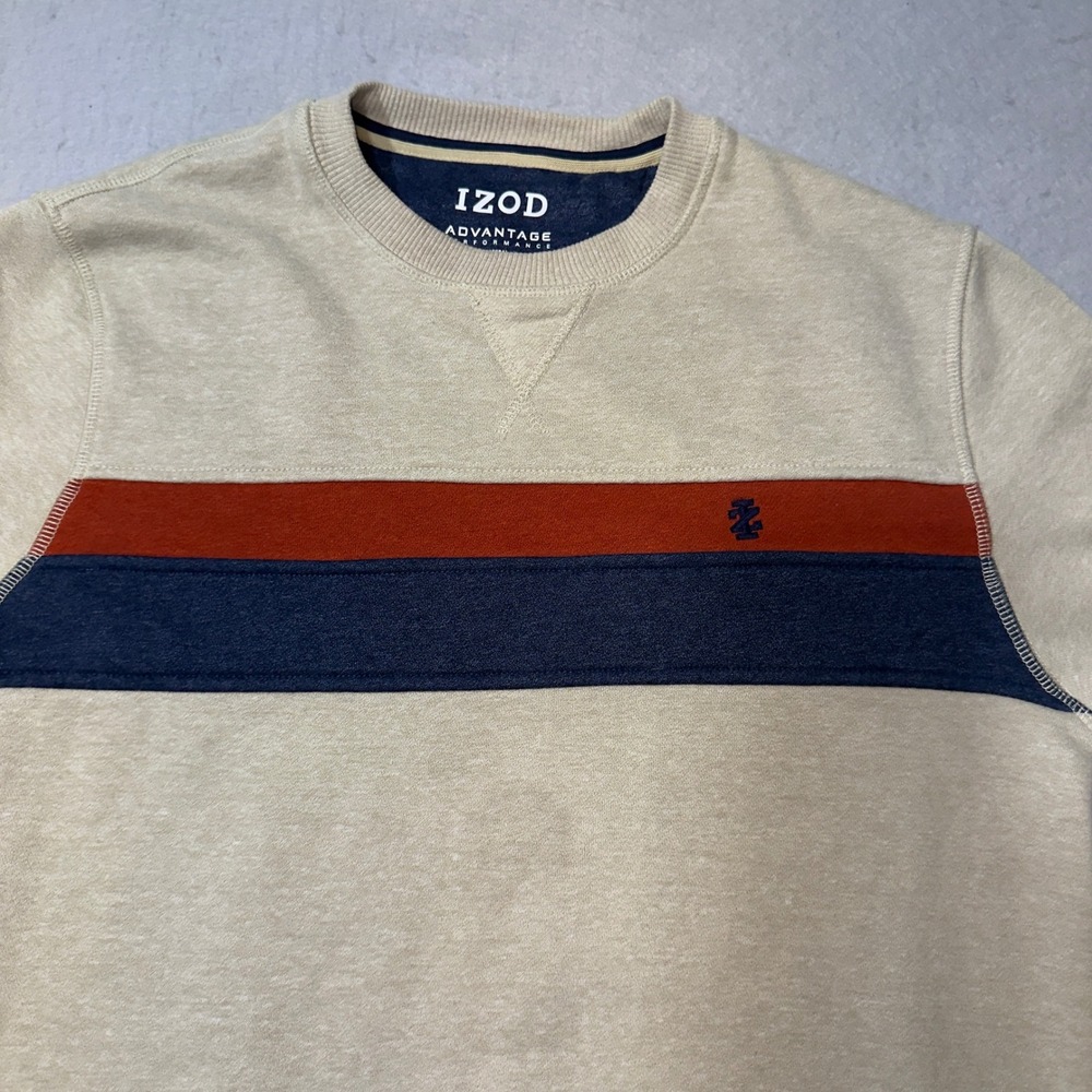 IZOD Advantage Performance Sweatshirt Mens Small Oatmeal Striped Crewneck
